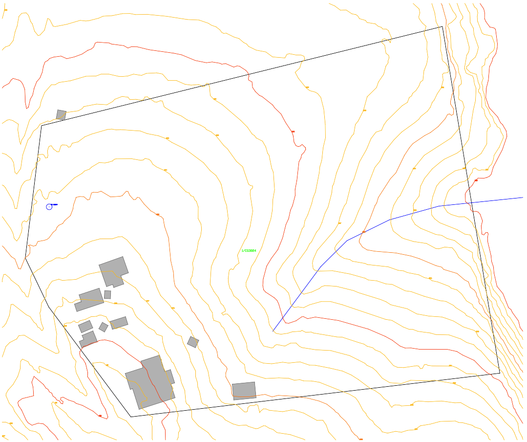 DXF property file with boundary, buildings, and contour lines