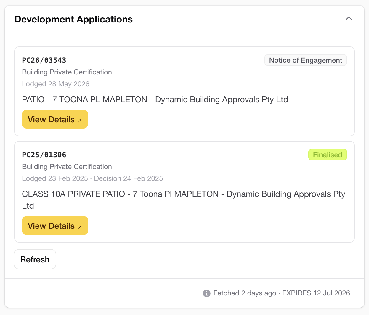 Development applications tracking
