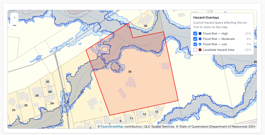 Flood and landslide overlays drawn over a property boundary