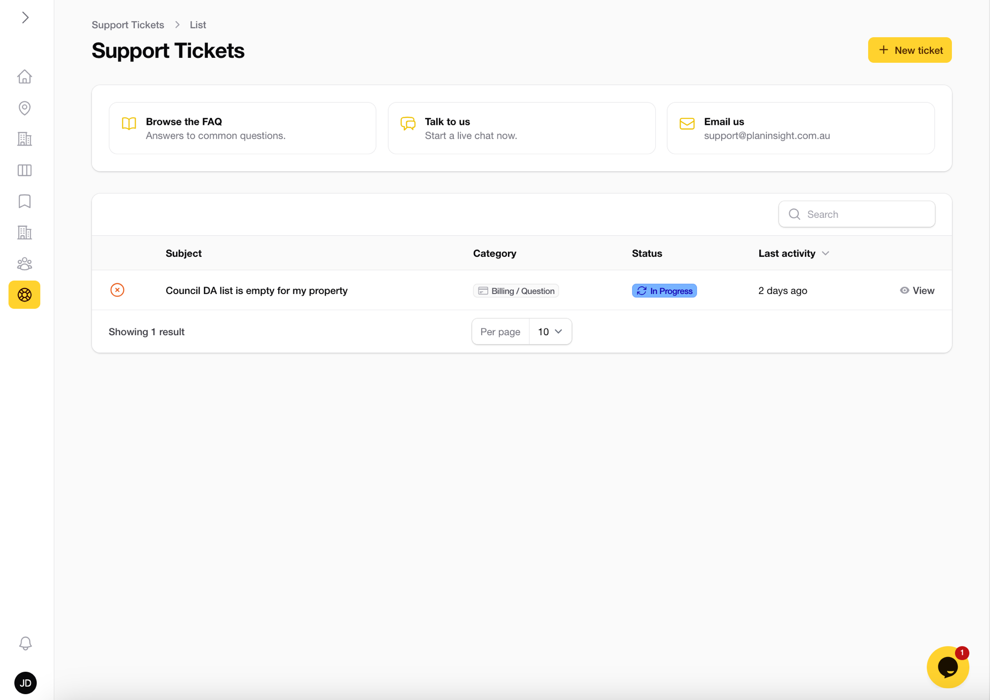 In-app support tickets